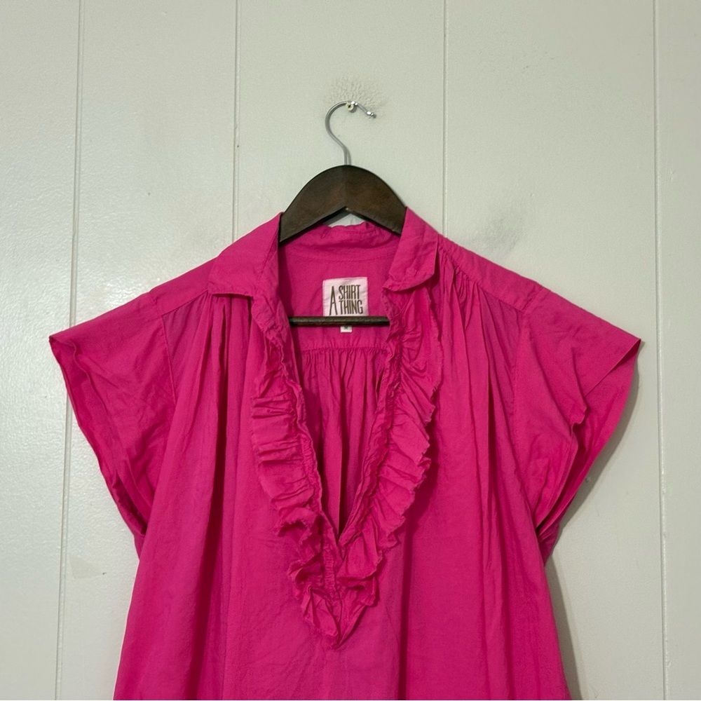 A Shirt Thing Fuchsia Ruffle V-Neck Blouse Top Medium Pink Cotton Boho Flowy - Picture 2 of 9
